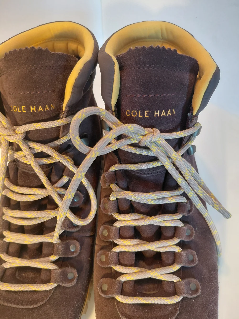 Cole Haan Men's Brown Suede Hiker Boots with Yellow Trim